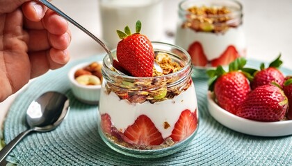 eating homemade strawberry and yogurt parfait jar with fresh strawberries and granola with the spoon close up