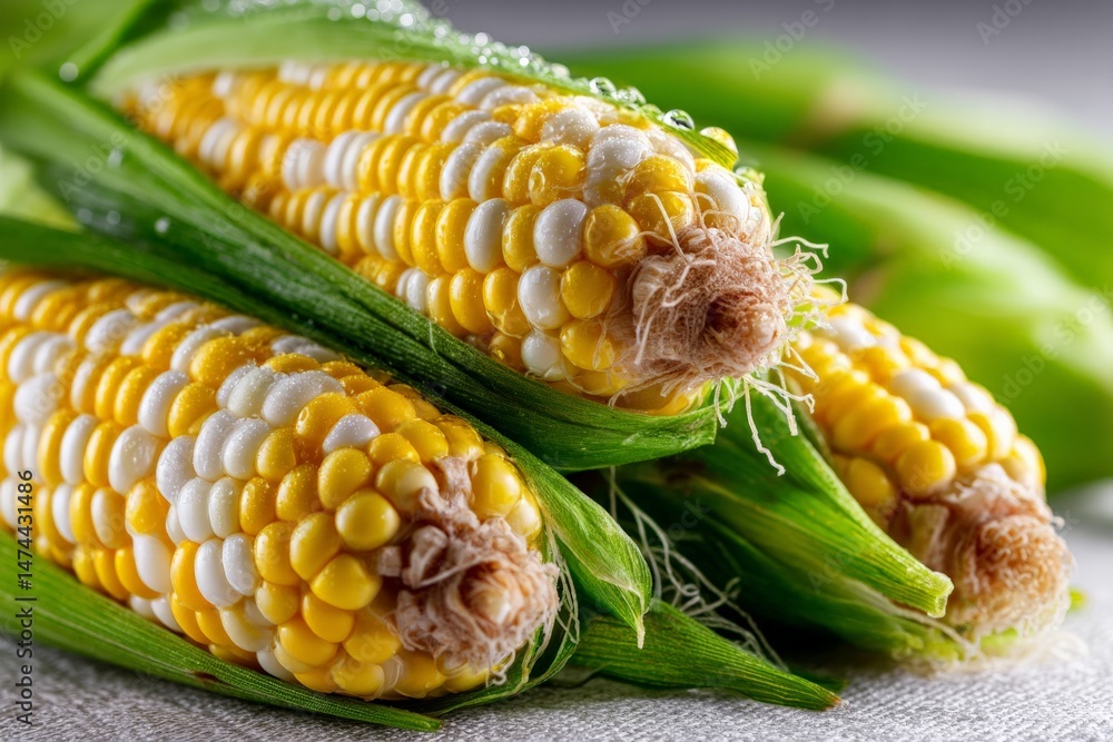 Aufkleber Fresh corn on the cob with dewdrops resting on a light surface showcasing natural textures and colors