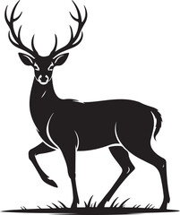 Obraz premium Deer black silhouette with tall antlers in a forest, capturing grace and nature in a minimalist vector