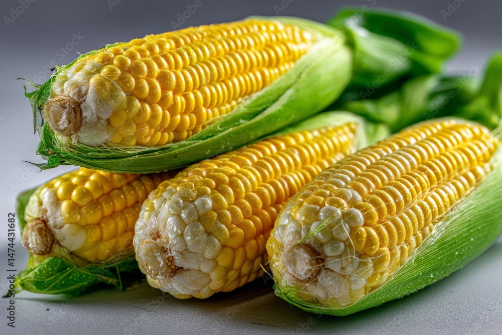 Poster freshly harvested corn cobs displayed on a gray surface with green husks intact