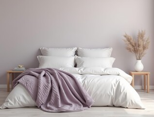 Minimalist bedroom in dusty lavender — clean lines, neutral background, textured throw blanket. Colors: dusty lavender, ivory, light gray.


