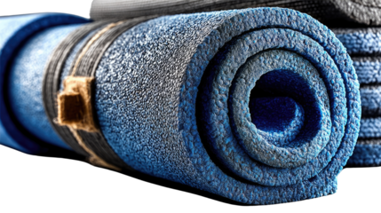 Rolled Blue Exercise Mat: Close-up view of a rolled-up blue exercise mat, showcasing its texture and form, a symbol of wellness, fitness, and active living.