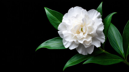 Fototapeta premium A captivating close up showcases a pristine white peony blossom with lush green leaves, dramatically contrasted against a sleek and elegant black backdrop, creating calm.