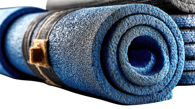 Rolled Blue Exercise Mat: Close-up view of a rolled-up blue exercise mat, showcasing its texture and form, a symbol of wellness, fitness, and active living.