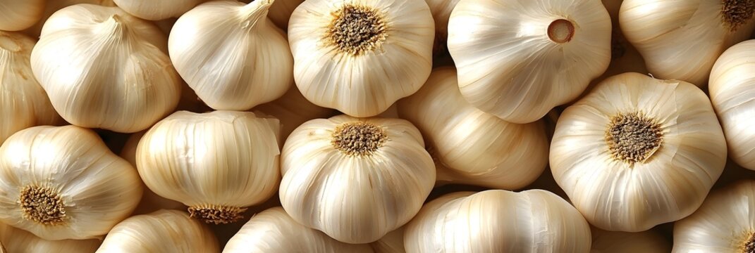 Fresh Whole Garlic Bulbs Displayed in a Detailed and Close-Up Arrangement