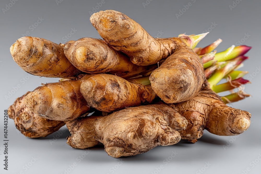 Poster Fresh ginger root showing natural texture and green shoots in a simple gray background setting