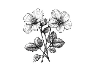 Vintage botanical illustration, hand-drawn celandine bloom, floral sketch, garden decor, old engraving style, black sketch art, nature flower motif, trendy antique engraving