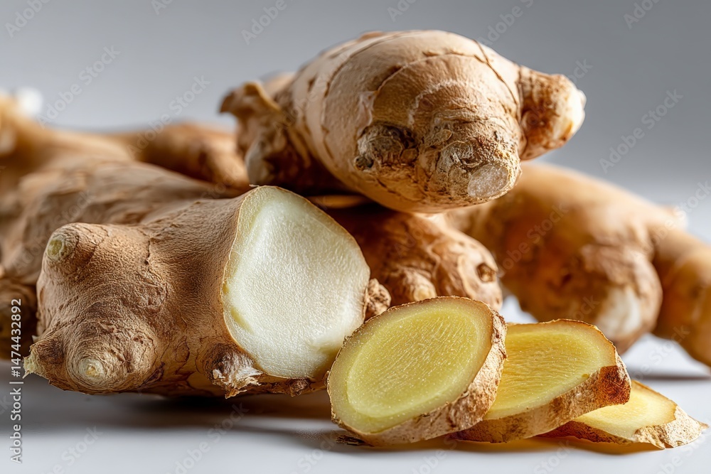 Poster fresh ginger root with sliced pieces displayed on a clean surface in natural light during the day