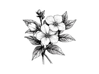 Vintage hand-drawn jasmine flower engraving, retro botanical design, antique ink sketch, trendy floral decor, engraved bloom print, garden fragrance theme, old engraving style art