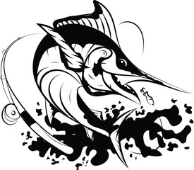 Monster swordfish logo icon vector illustration design with fish rod and hook in the water 