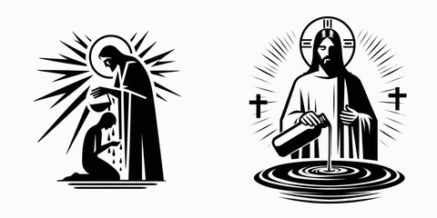 The Jesus Anointing with Oil. Christian Clipart silhouette Vector Logo Symbol isolated on white background. Divine chrism ritual holy unction grace from above consecration practice.