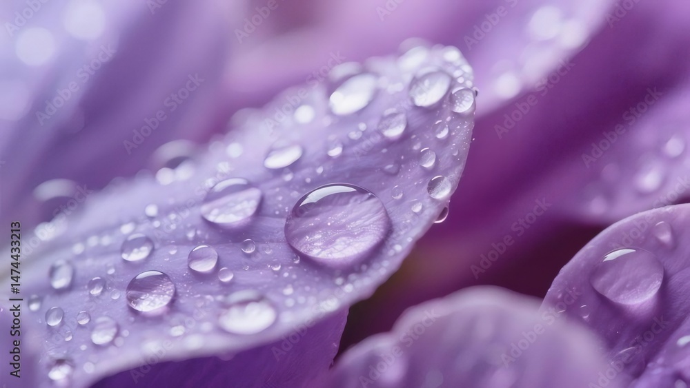 Poster 紫色の花びらに付着した水の滴をマクロ撮影したクローズアップイメージ 自然光が当たった背景