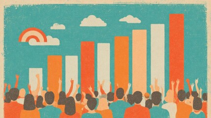 Crowd celebrating success with rising bar graph and rainbow in retro style.