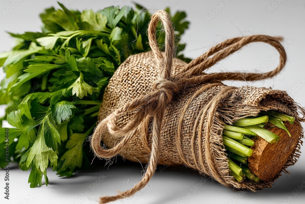 Aufkleber freshly harvested parsley wrapped in burlap twine on a clean surface in well-lit kitchen setting