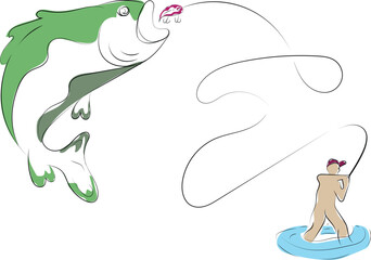 Man fishing  with fish rod and hook logo icon vector illustration design