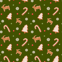 Seamless pattern with gingerbread cookie for Christmas Day and New Year. Holiday winter symbol in cartoon . Festive treats. Winter homemade sweets. Vector illustration.