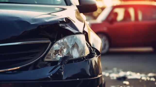 A car accident scene with a black car and a red car involved in a collision, with visible damage to both vehicles.