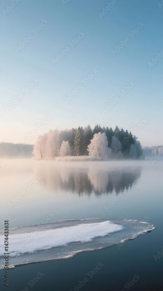 Aufkleber 冬の湖の風景 雪に覆われた木々が水面に反射する静かで穏やかな朝 フィンランドの氷と雪の自然美