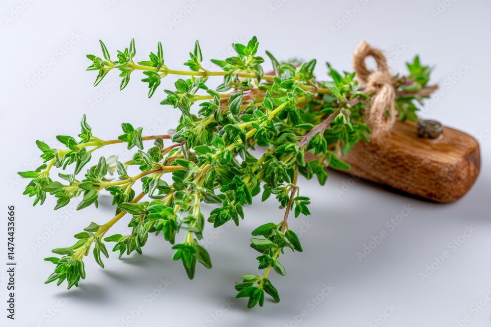 Poster fresh thyme sprig resting on wooden cutting board with twine against light background