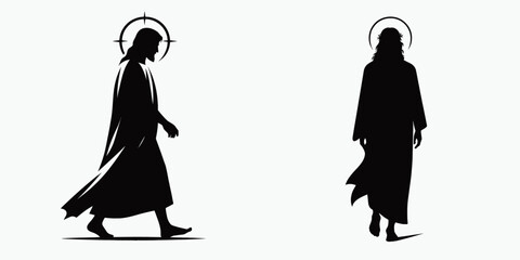 The Jesus Walking Alone. Christian Clipart silhouette Vector Logo Symbol isolated on white background. Solitary messiah journey a religious figures spiritual wandering pilgrimage.