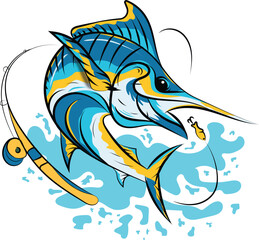 Monster swordfish colorful logo icon vector illustration design with fish rod and hook in the water 