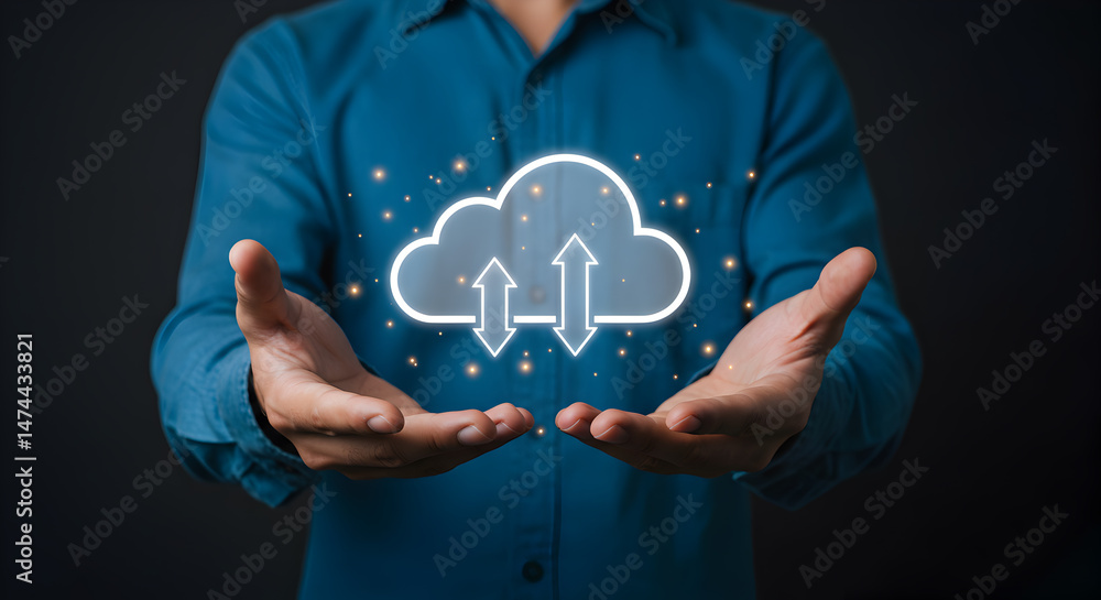 Aufkleber cloud computing technology concept man holding cloud data storage and sharing network service soluti