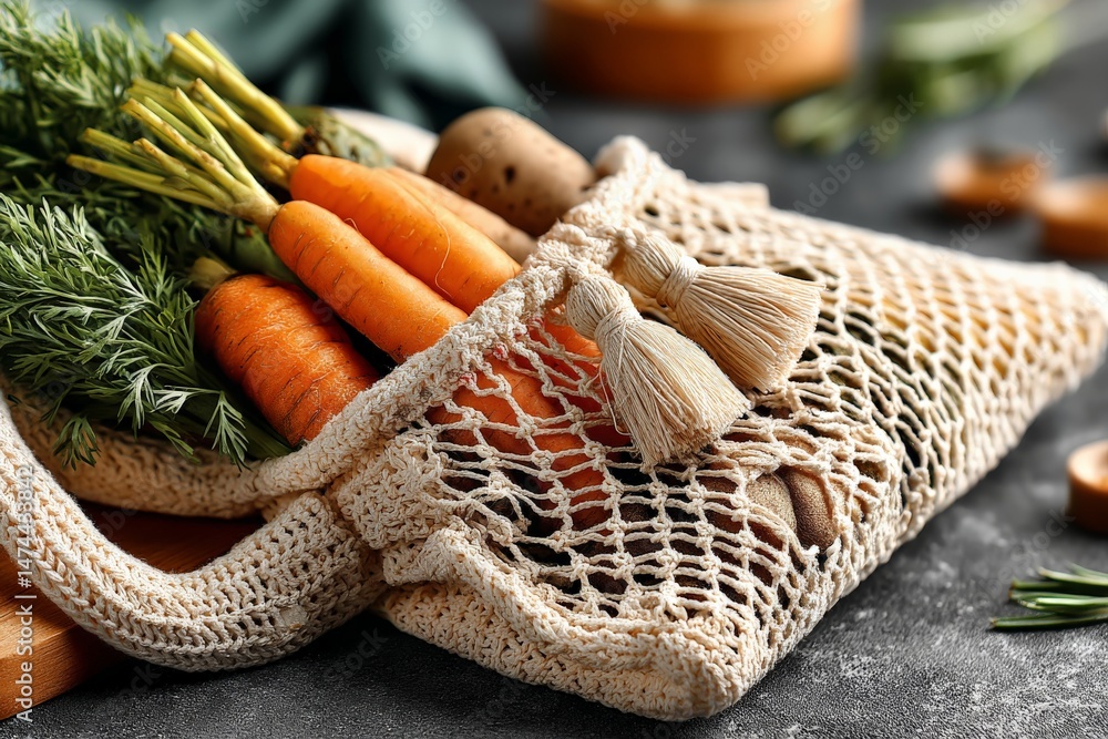 Poster fresh vegetables in a reusable bag on a rustic kitchen counter filled with healthy produce and natur