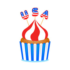 American themed cupcake. USA happy independence day. Vector illustration in cartoon flat style. Isolated on white background.	