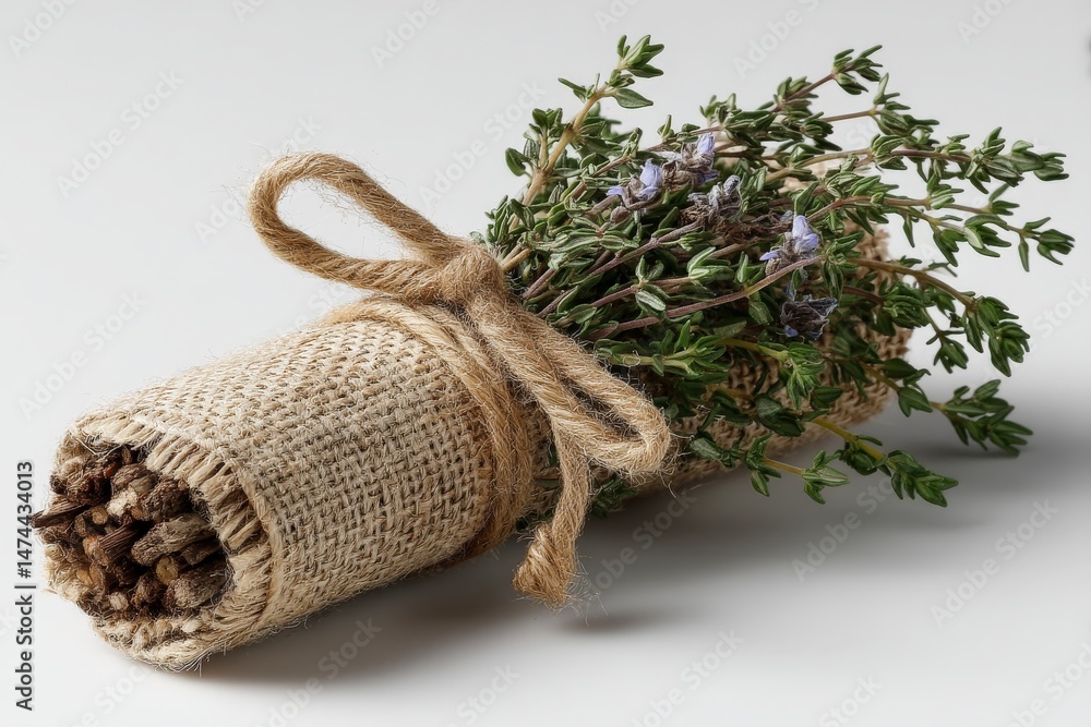 Poster bundle of fresh herbs wrapped in burlap for seasoning and culinary use placed on a clean white surfa