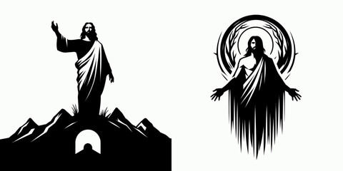 The Jesus Resurrected. Christian Clipart silhouette Vector Logo Symbol isolated on white background. Divinity reborn eternal spiritual awakening triumph after mortality.