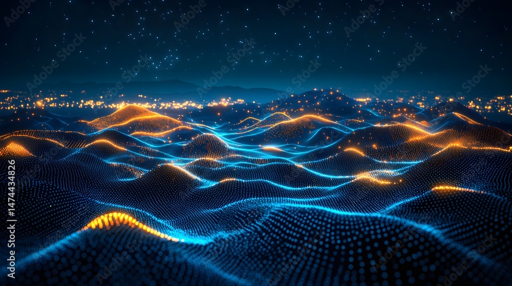 Poster abstract night landscape. glowing dots form hills under a starry sky, with a distant city glow. ener