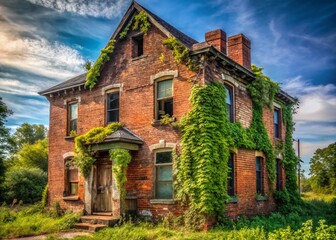 Fototapeta premium Abandoned Brick House, Decaying Two-Story Structure, Overgrown Yard, Rustic, Documentary Photography