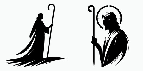 The Jesus Holding Staff. Christian Clipart silhouette Vector Logo Symbol isolated on white background. Divine shepherd christ figure with crook an icon of faith belief.