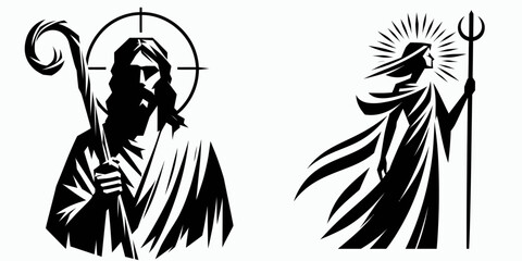 The Jesus Holding Staff. Christian Clipart silhouette Vector Logo Symbol isolated on white background. Divine shepherd with cane iconography imagery belief representation spiritual.