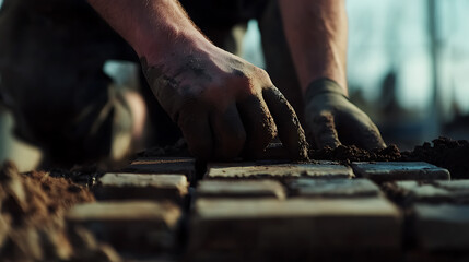 Close-up of hands laying bricks in a construction site