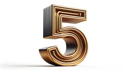  the bold, three-dimensional decorative luxury letter "5" in a luxurious, metallic gold finish isolated on the white background, The 3D decorative letter, has a smooth, gold finish