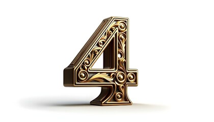 a bold, three-dimensional decorative number "4" in a luxurious, metallic gold finish isolated on the white background, The 3D decorative letter, has a smooth, gold finish