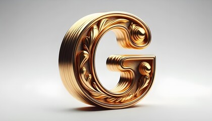 a bold, three-dimensional letter "G" in a luxurious, metallic gold finish isolated on the white background, The 3D decorative letter, has a smooth, gold finish