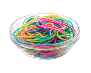 Colorful rubber bands in clear bowl create vibrant display, perfect for organizing or crafting. These elastic bands come in various bright colors, adding playful touch to any workspace