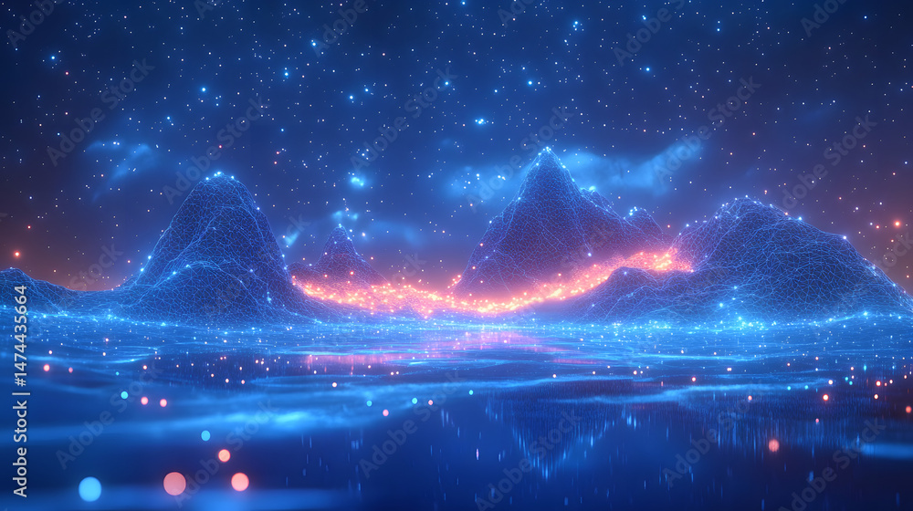 Aufkleber Futuristic landscape with glowing wireframe mountains mirrored in calm water under a starry sky. Floating lights add a surreal touch to this digital dreamscape. Abstract wireframe in dark blue