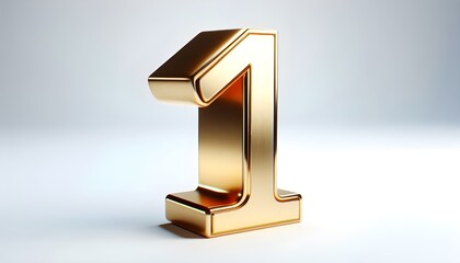 the bold, three-dimensional decorative luxury number "1" in a luxurious, metallic gold finish isolated on the white background, The 3D decorative letter, has a smooth, gold finish