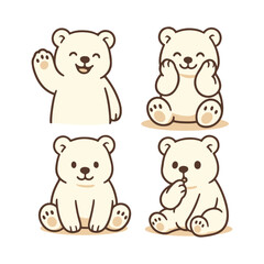 A set of four adorable cartoon polar bear illustrations in different cute poses and expressions.