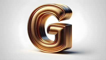 a bold, three-dimensional letter "G" in a luxurious, metallic gold finish isolated on the white background, The 3D decorative letter, has a smooth, gold finish