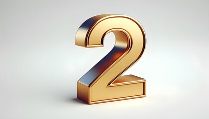 bold, three-dimensional decorative number "2" in a luxurious, metallic gold finish isolated on the white background, The 3D decorative letter, has a smooth, gold finish