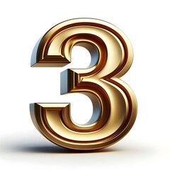 bold, three-dimensional number "3" in a luxurious, metallic gold finish isolated on the white background, The 3D decorative letter, has a smooth, gold finish