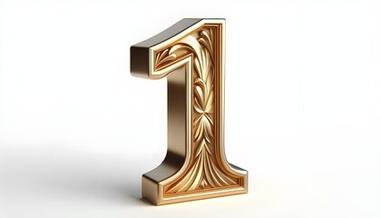 the bold, three-dimensional decorative luxury number "1" in a luxurious, metallic gold finish isolated on the white background, The 3D decorative letter, has a smooth, gold finish