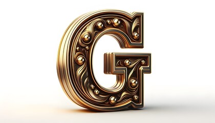 a bold, three-dimensional decorative letter "G" in a luxurious, metallic gold finish isolated on the white background, The 3D decorative letter, has a smooth, gold finish