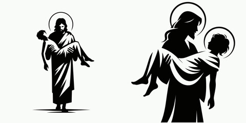The Jesus Carrying a Child. Christian Clipart silhouette Vector Logo Symbol isolated on white background. Holy infant cradled divine saviors tender burden faiths altruistic devotion.