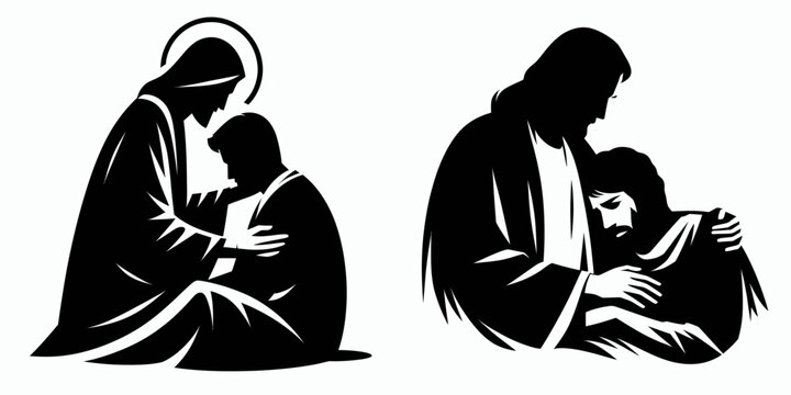 The Jesus Comforting Sick. Christian Clipart silhouette Vector Logo Symbol isolated on white background. Divine healer showing compassion toward ailment sufferer giving hope.