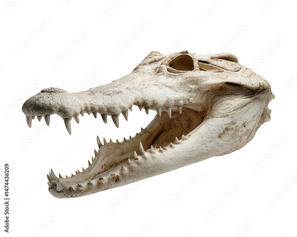 Poster large crocodile skull fragment showcasing its fierce teeth and intricate bone structure, highlightin